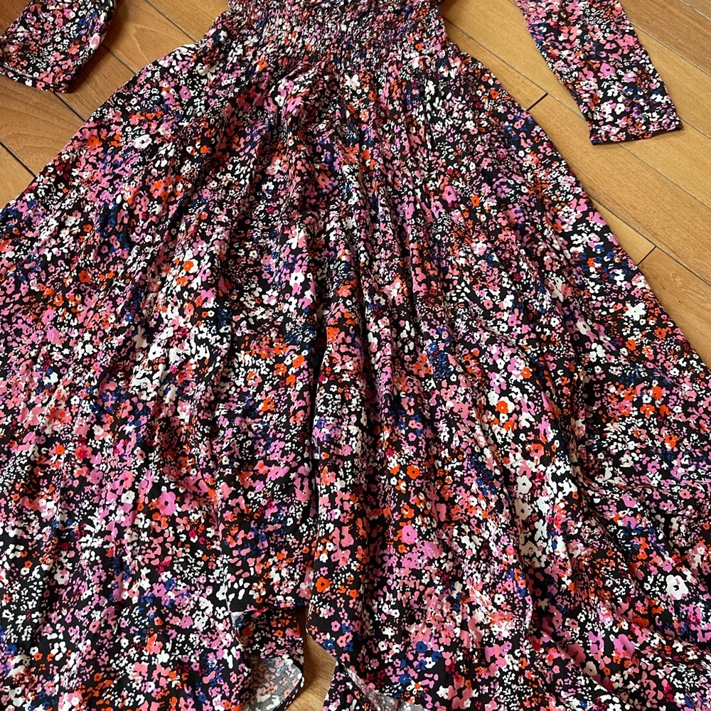 Maje Avianah Floral Asymmetrical Midi Dress Size 38 Black Pink Handkerchief - Picture 10 of 15